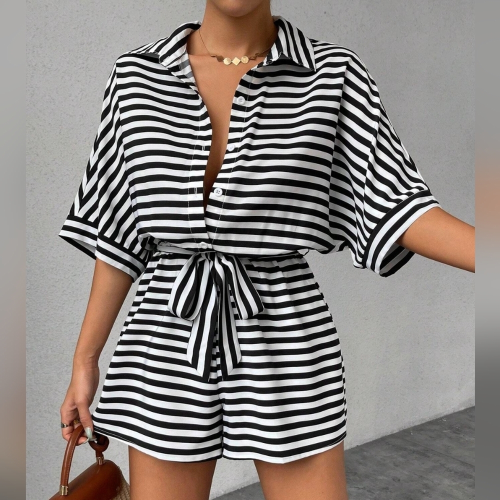 Black and White Striped Tie Waist Romper